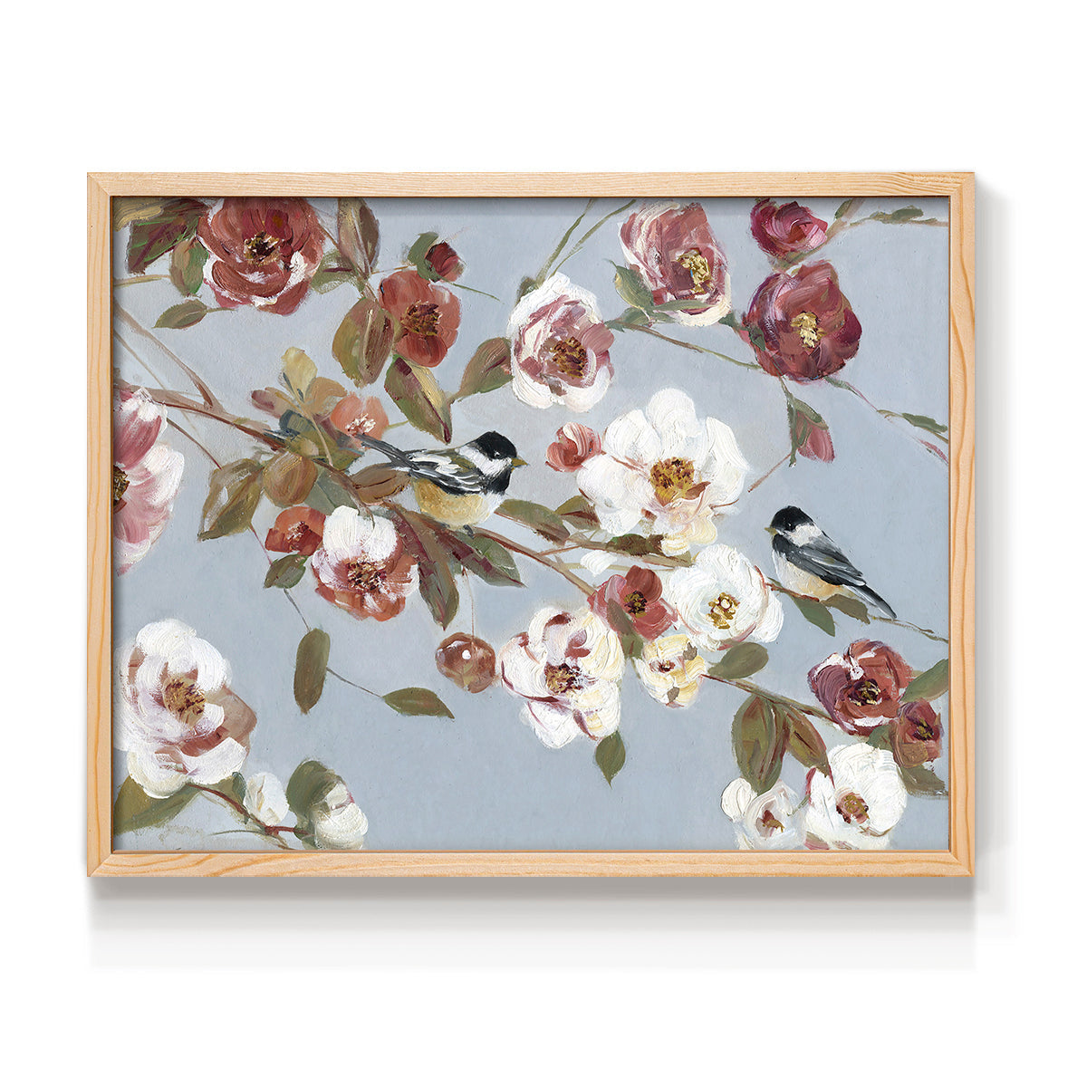 Chickadees and Blossoms II - Restickable Framed Art Print