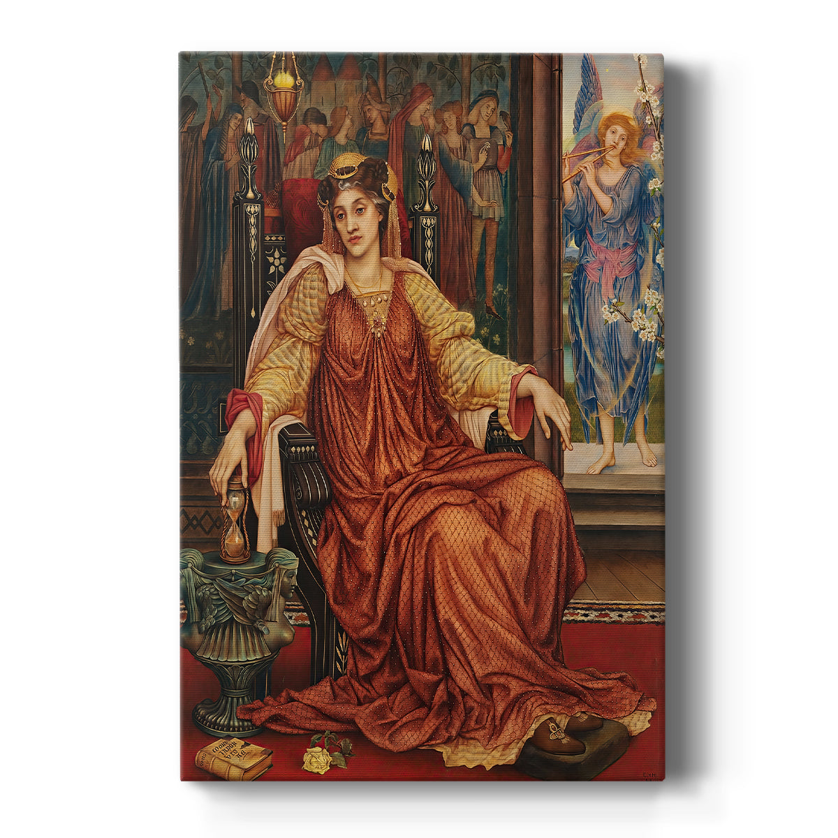 Canvas art print featuring a symbolic portrait of a seated woman holding an hourglass in warm tones on a clean white background.