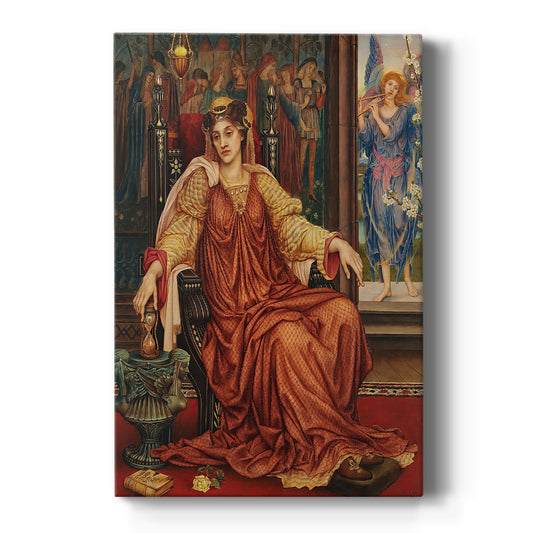 Canvas art print featuring a symbolic portrait of a seated woman holding an hourglass in warm tones on a clean white background.