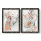Set of two black barnwood framed canvas prints featuring two abstract watercolor botanicals featuring loose blush gray and coral floral gestures.