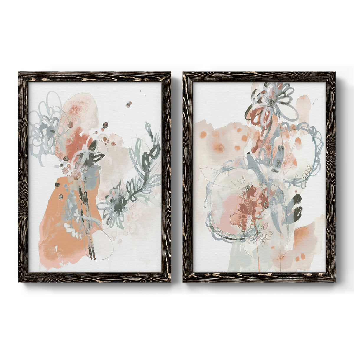 Set of two black barnwood framed canvas prints featuring two abstract watercolor botanicals featuring loose blush gray and coral floral gestures.