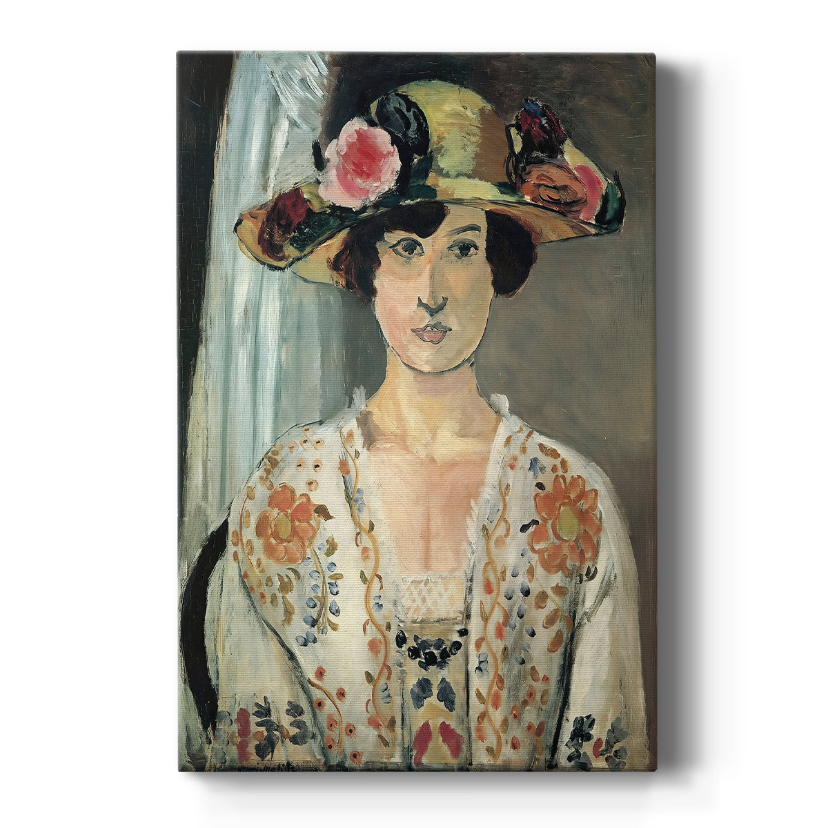 Canvas art print featuring an expressionist portrait of a woman wearing a hat with bold layered color on a clean white background.