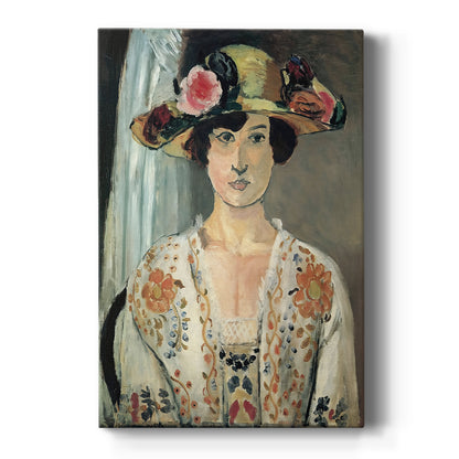 Canvas art print featuring an expressionist portrait of a woman wearing a hat with bold layered color on a clean white background.