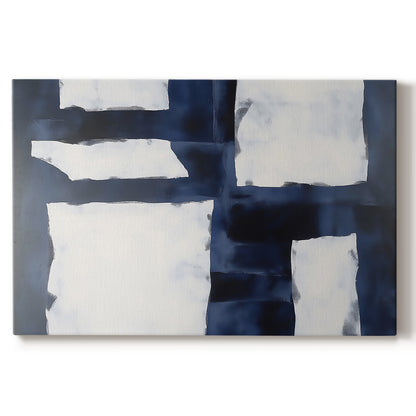 Modern abstract artwork showcasing contrasts with blue and white shapes on canvas