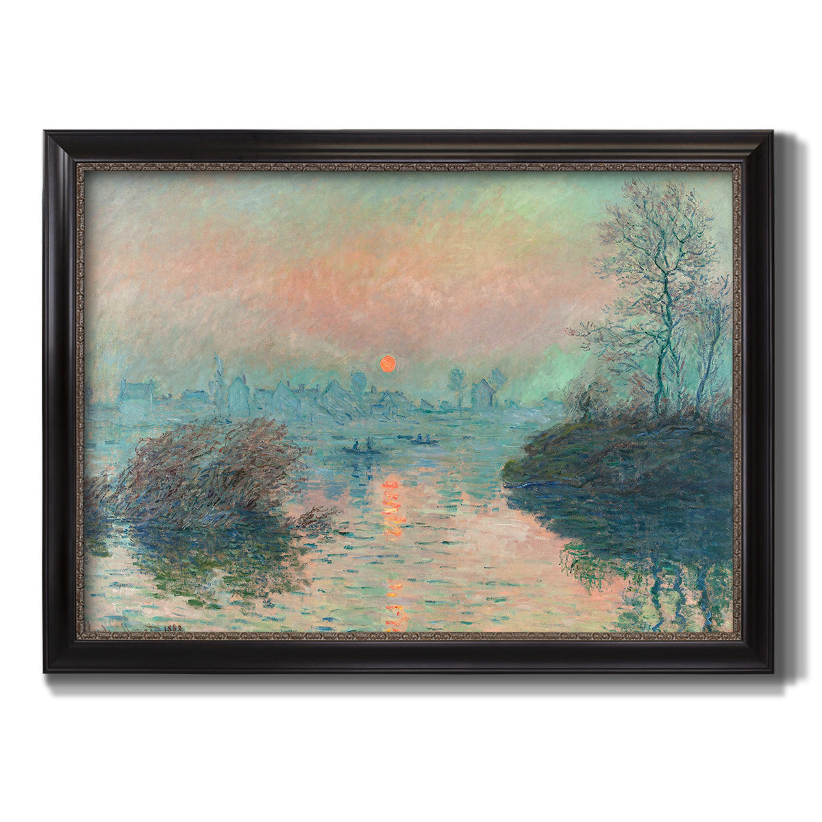 Impressionist winter river sunset scene by Claude Monet printed on canvas in an ornate black frame with gilded inner detail.