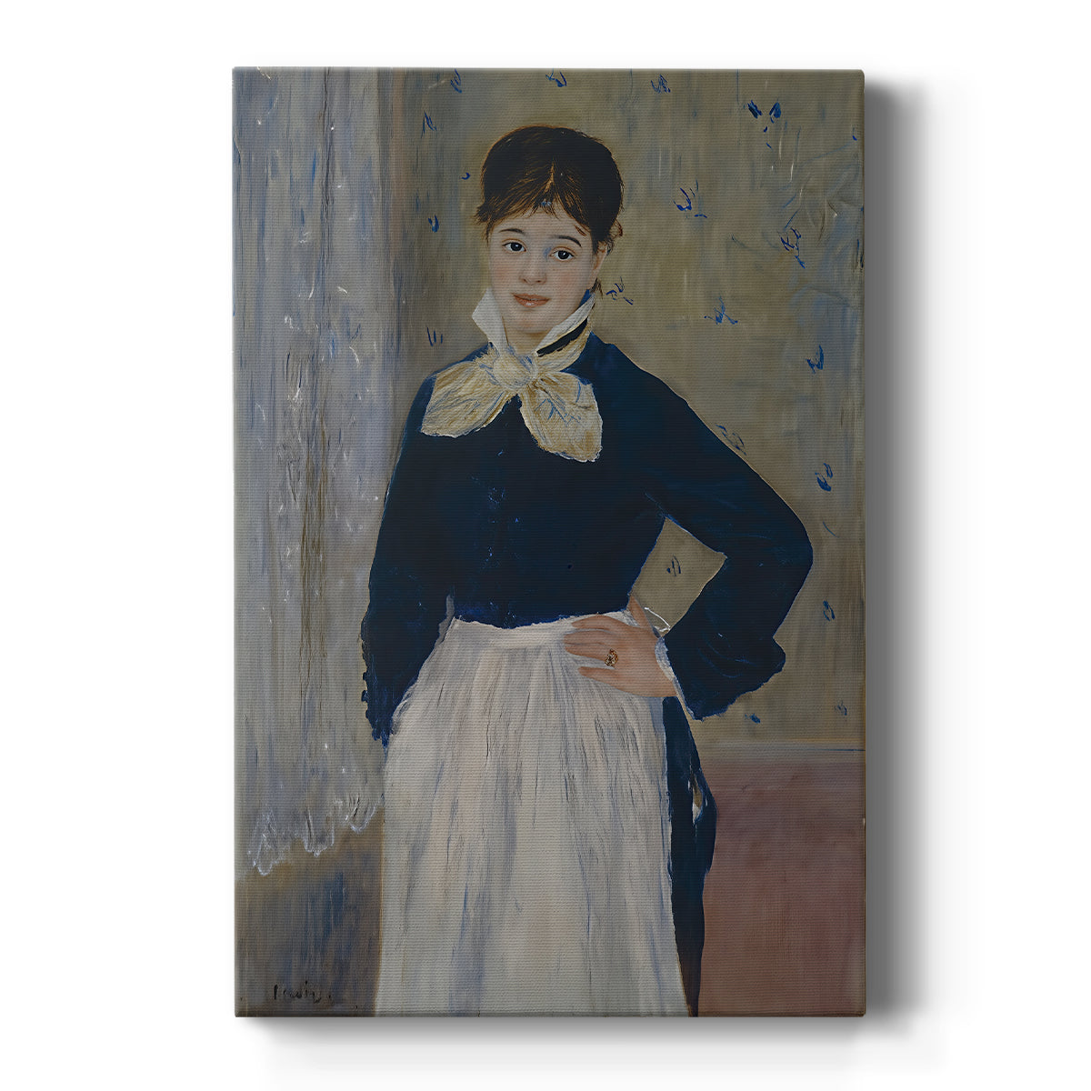 Canvas art print featuring an impressionist portrait of a waitress in uniform with soft lighting on a clean white background.