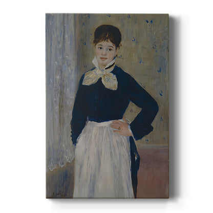 Canvas art print featuring an impressionist portrait of a waitress in uniform with soft lighting on a clean white background.