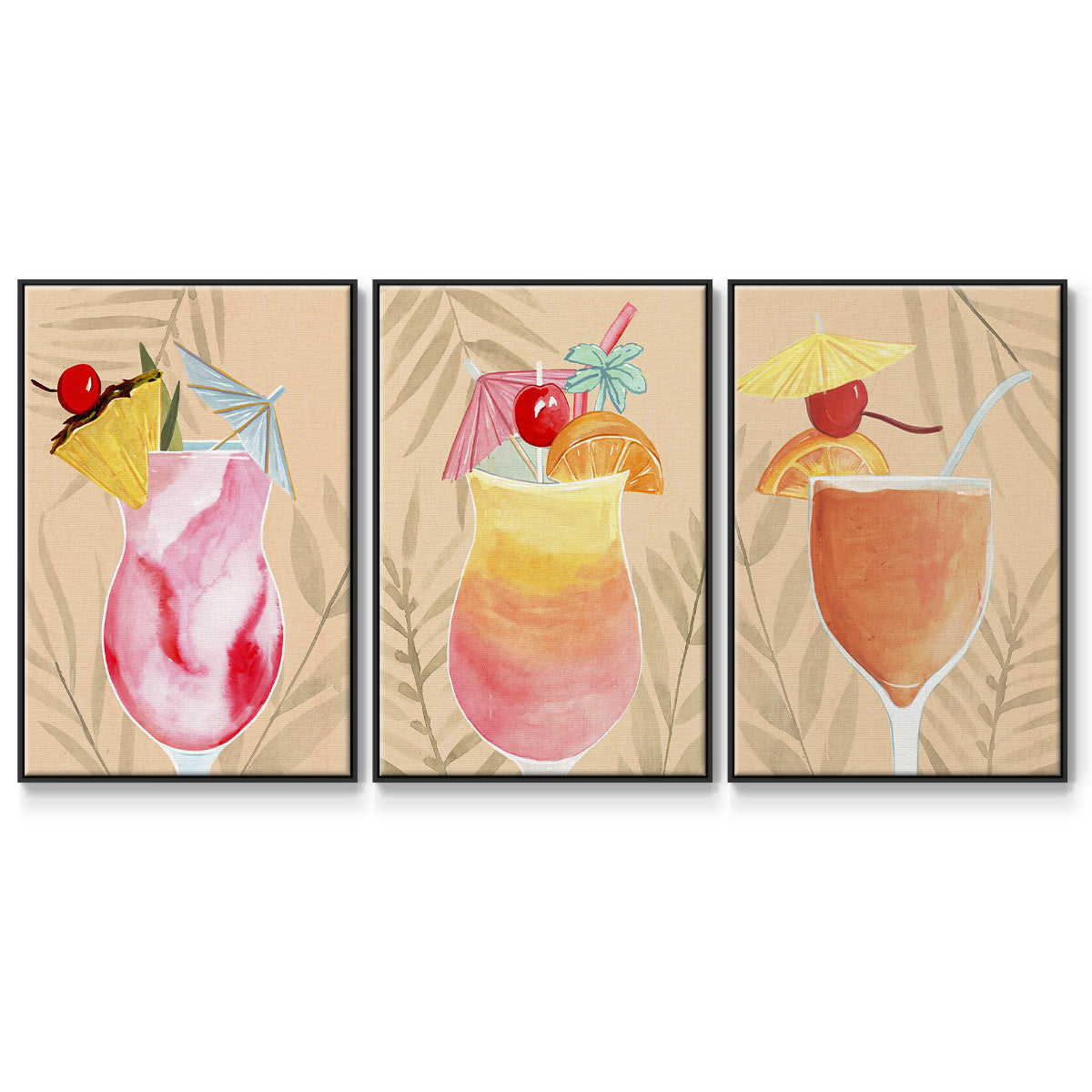 Tropical Cocktail I - Framed Premium Gallery Wrapped Canvas L Frame 3 Piece Set - Ready to Hang