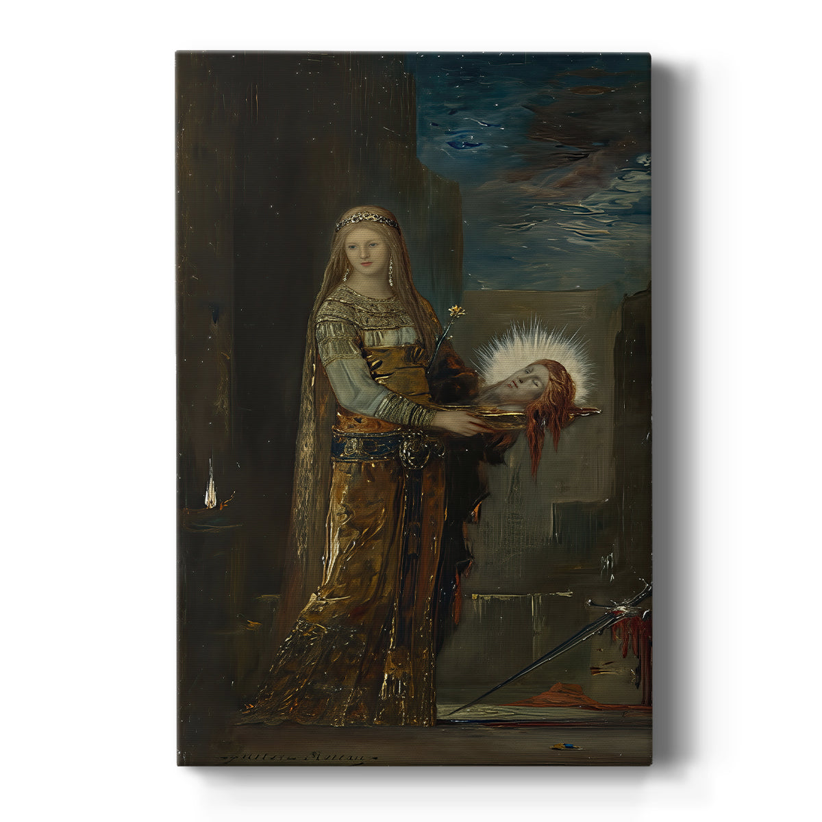 Canvas art print featuring a symbolic scene of a woman holding a severed head in a dramatic interior on a clean white background.