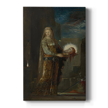 Canvas art print featuring a symbolic scene of a woman holding a severed head in a dramatic interior on a clean white background.