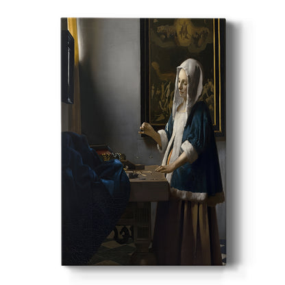 Canvas art print featuring a Baroque interior of a woman holding a balance in soft light on a clean white background.