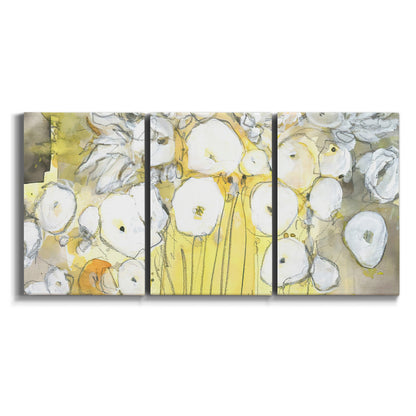 Three-panel canvas wall art featuring vintage inspired floral abstraction on white background.
