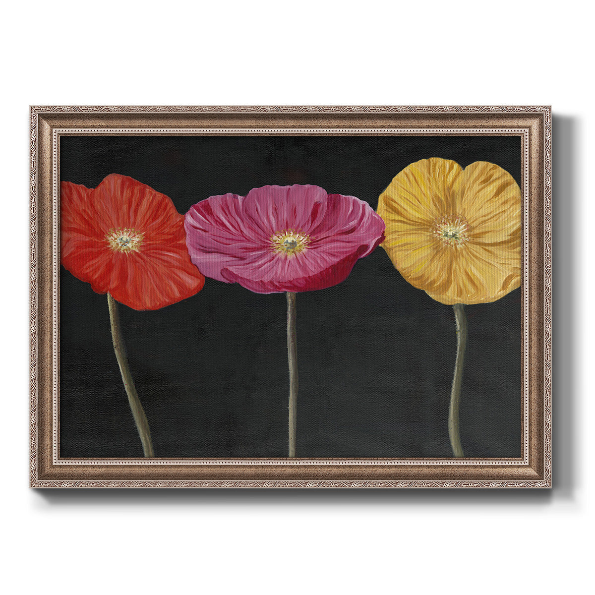 Contemporary poppy flower artwork printed on canvas in an ornate traditional silver frame.