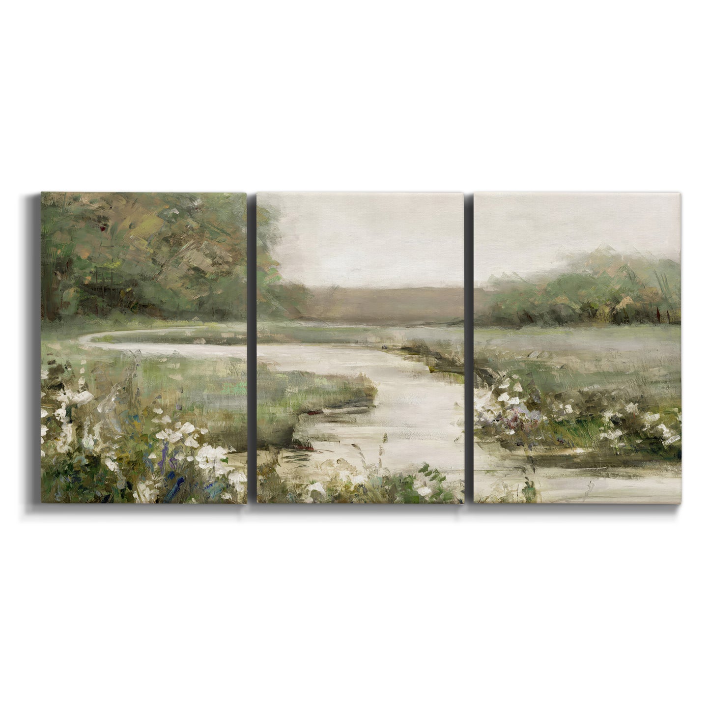 Three-panel canvas wall art featuring narrow path through quiet landscape on white background.