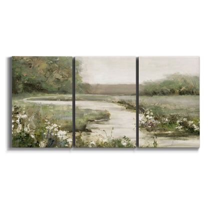 Three-panel canvas wall art featuring narrow path through quiet landscape on white background.