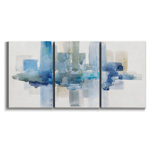 Three-panel canvas wall art featuring minimal urban skyline watercolor on white background.