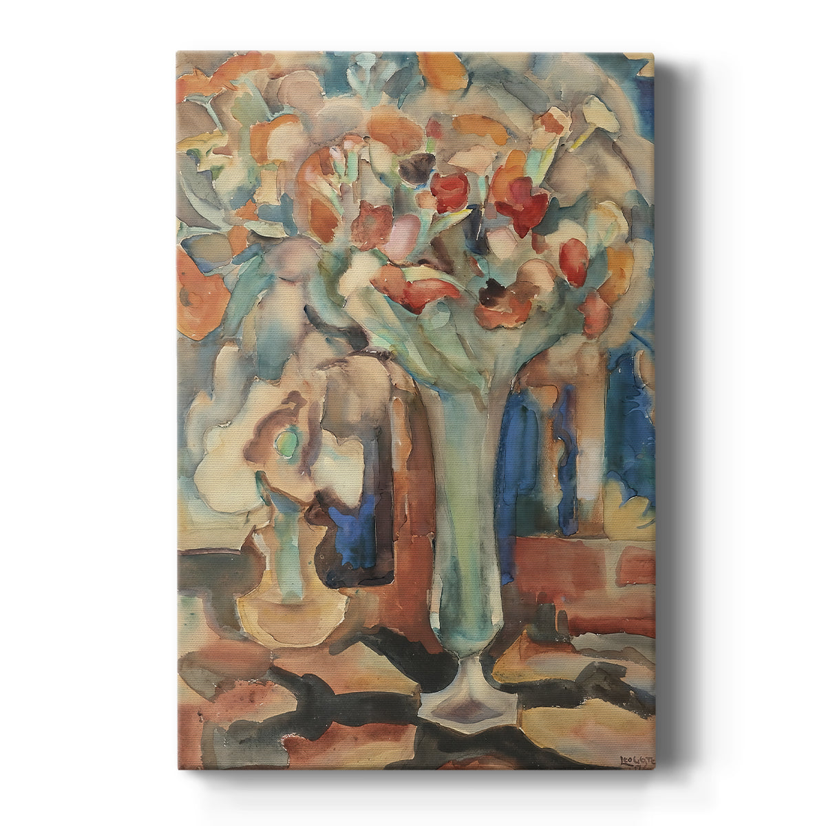 Canvas art print featuring an expressionist still life of flowers in a glass vase with soft watercolor tones on a clean white background.