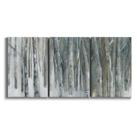 Three-panel canvas wall art featuring abstract birch forest landscape on white background.