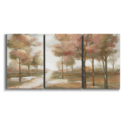 Three-panel canvas wall art featuring soft pastel park landscape scene on white background.