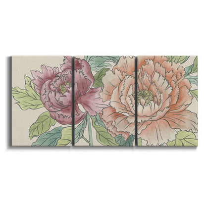 Three-panel canvas wall art featuring pastel peony flower composition on white background.