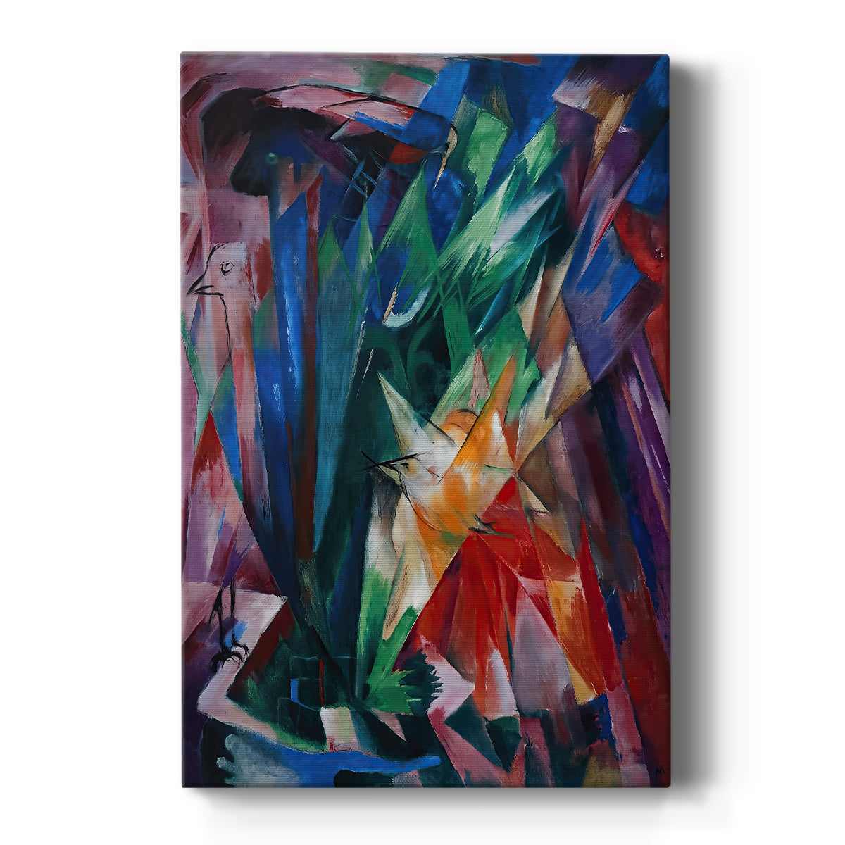 Canvas art print featuring an expressionist composition of birds in geometric forms and bright color on a clean white background.