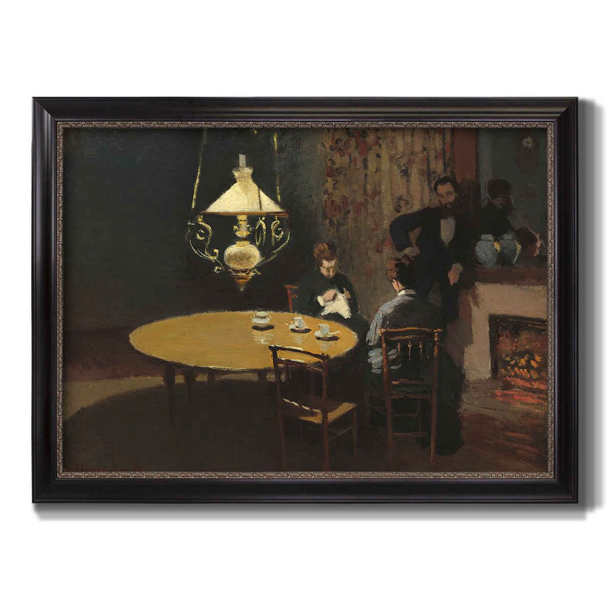 Impressionist domestic interior scene by Claude Monet printed on canvas in an ornate black frame with gilded inner detail.