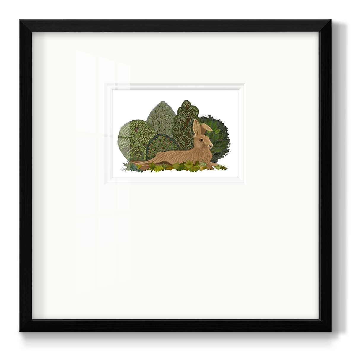 Hare Reclining in Leaves Premium Framed Print Double Matboard