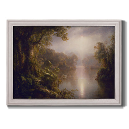 Luminous romantic landscape painting by Frederic Edwin Church printed on canvas in an ornate weathered white frame.