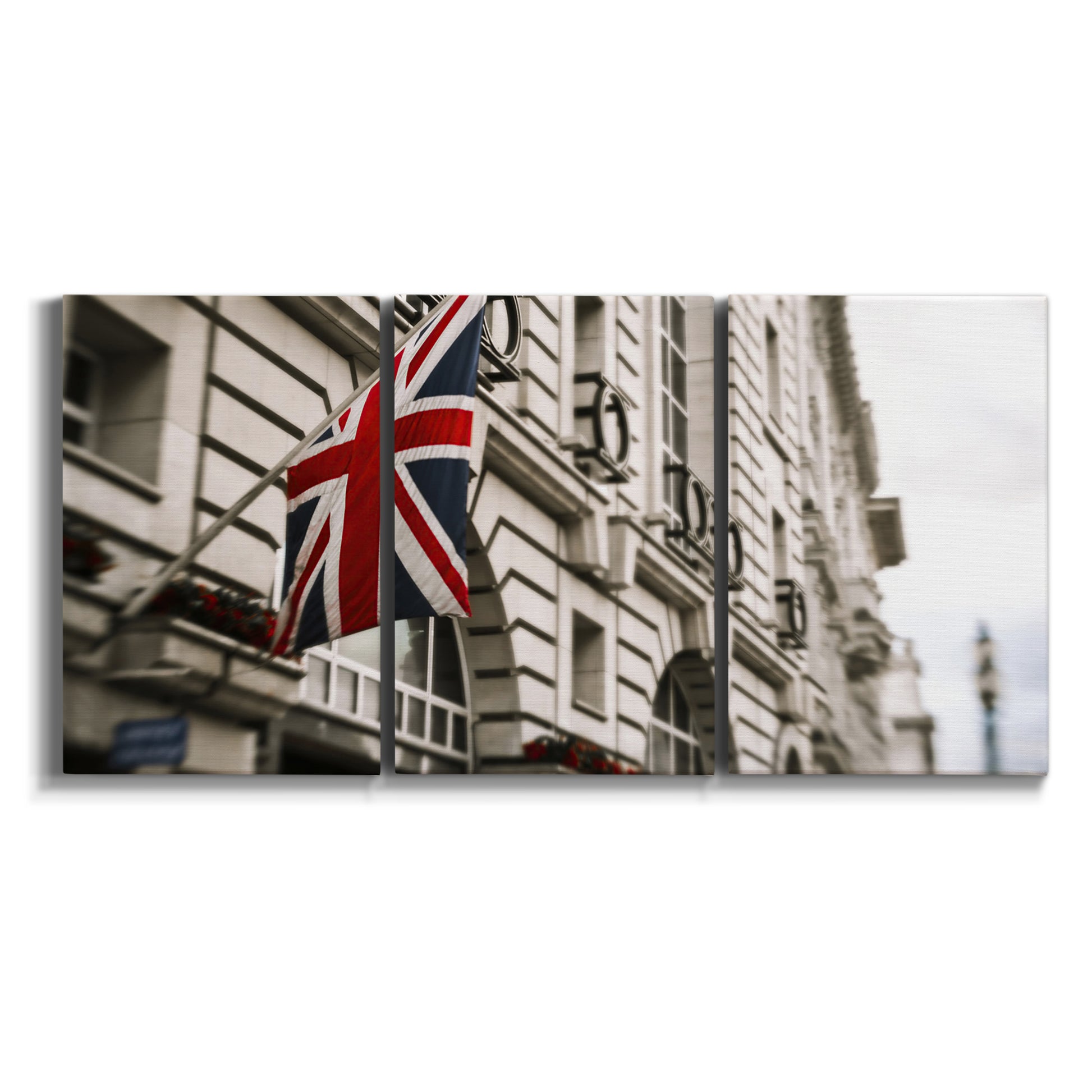 Three-panel canvas wall art featuring london street scene photograph on white background.