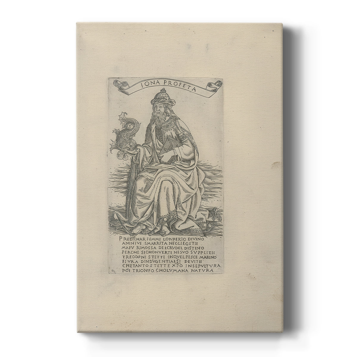 Canvas art print featuring a monochrome engraving of a seated prophet with detailed linework on a clean white background.