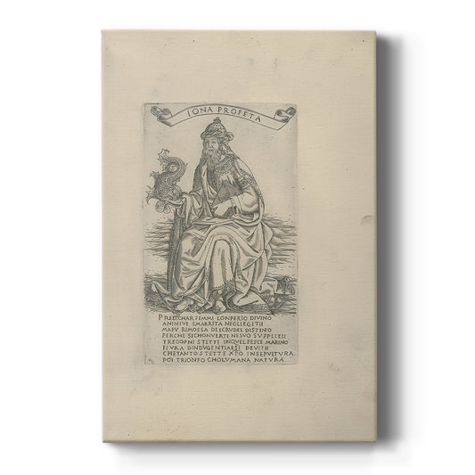 Canvas art print featuring a monochrome engraving of a seated prophet with detailed linework on a clean white background.