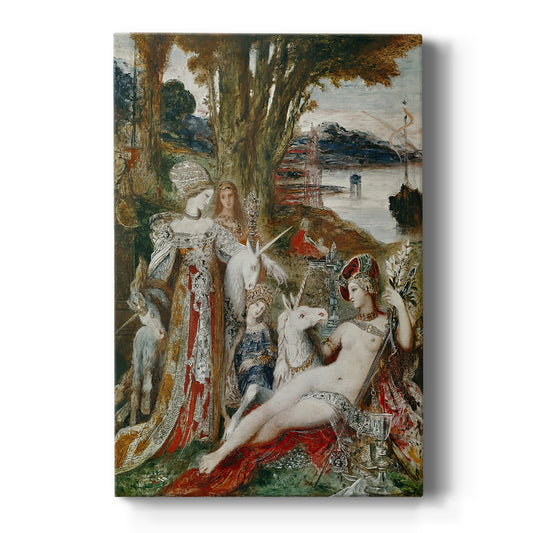Canvas art print featuring a symbolic scene of figures with unicorns in a lush detailed landscape on a clean white background.