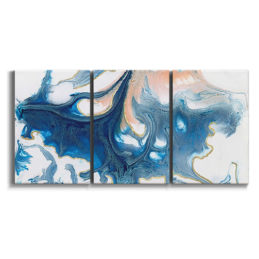 Three-panel canvas wall art featuring flowing blue abstract movement on white background.