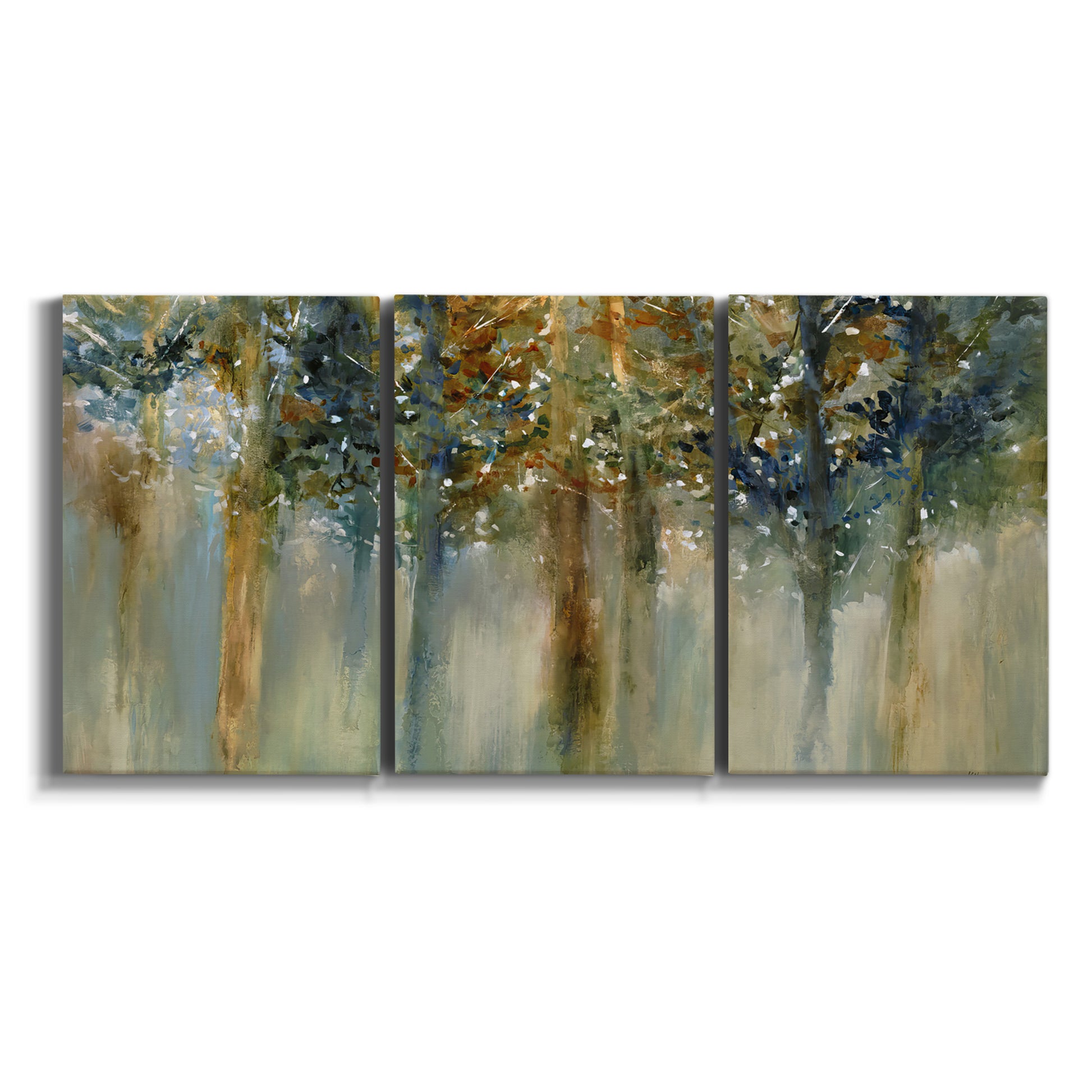 Three-panel canvas wall art featuring earth toned abstract leaf textures on white background.