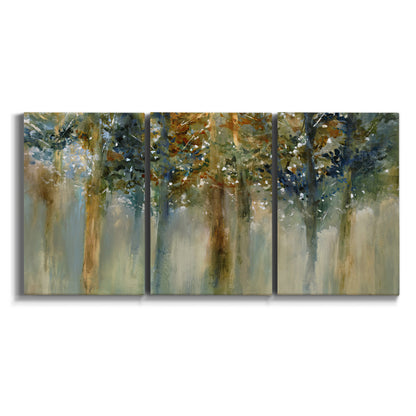 Three-panel canvas wall art featuring earth toned abstract leaf textures on white background.