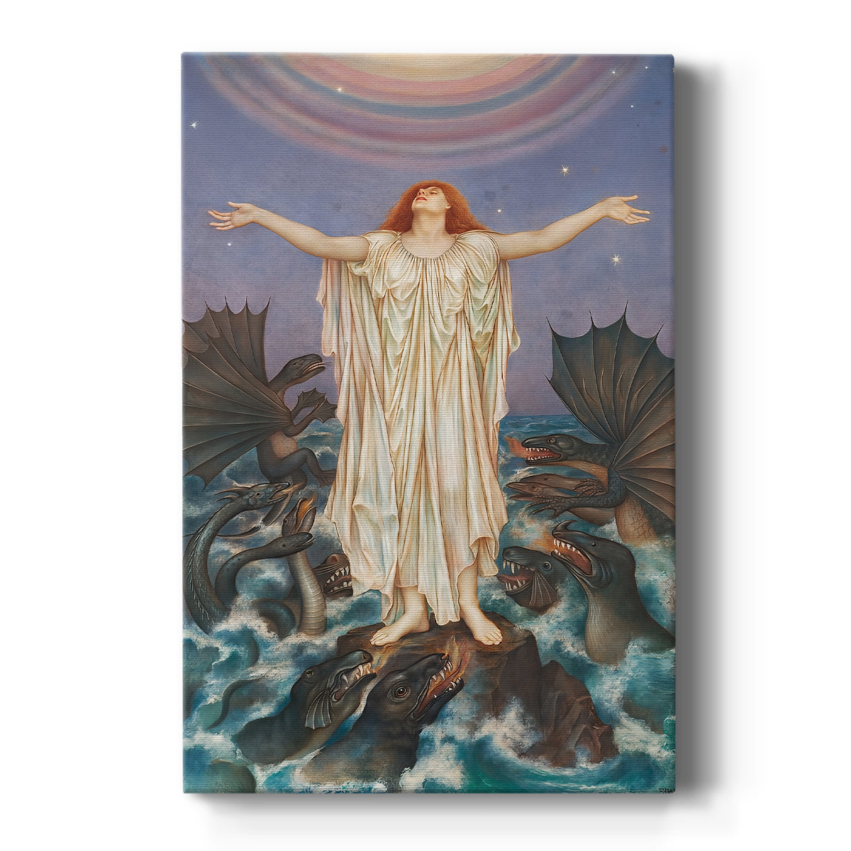 Canvas art print featuring a symbolic scene of figures reaching upward in a moment of distress on a clean white background.