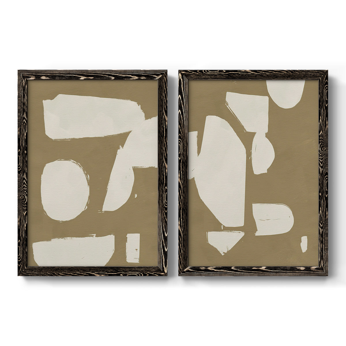 Set of two black barnwood framed canvas prints featuring two bold minimalist shape abstracts featuring irregular white cutout-like shapes on taupe grounds.