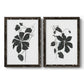 Set of two black barnwood framed canvas prints featuring two minimalist botanical prints featuring black leafy vine silhouettes.
