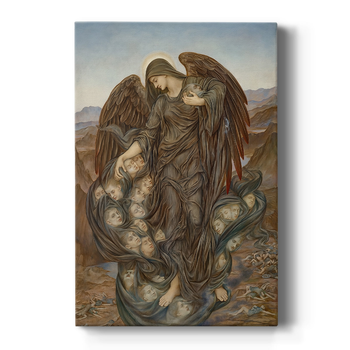 Canvas art print featuring a symbolic scene of fallen figures in a somber, desolate landscape on a clean white background.