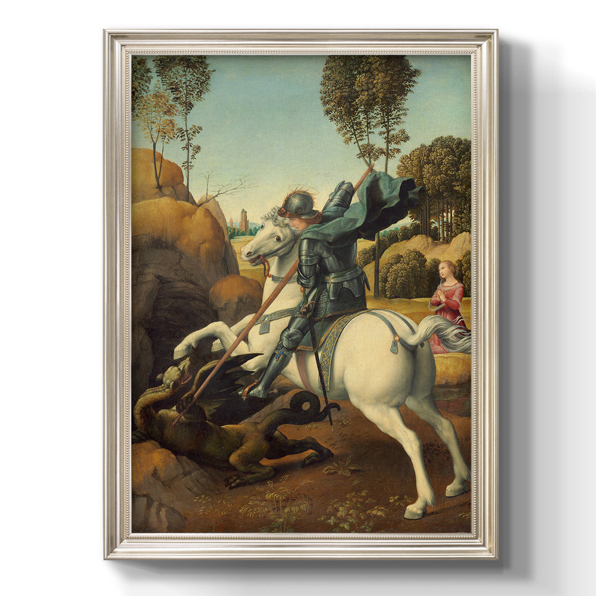 Religious painting of Saint George slaying the dragon by Raphael printed on canvas in an ornate champagne frame with a vertical orientation.
