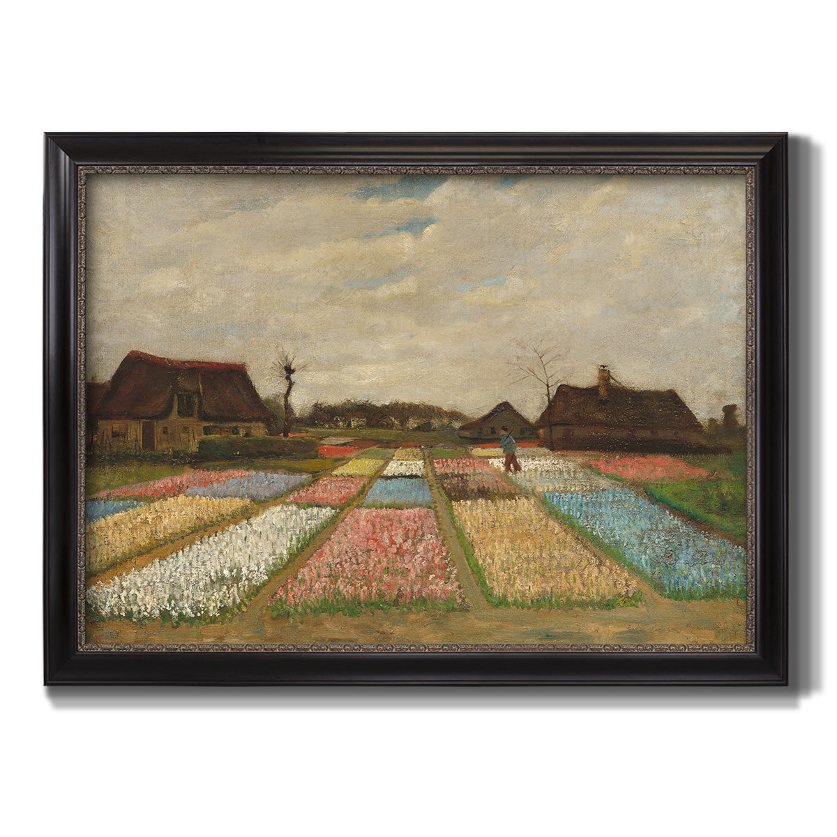 Impressionist Dutch bulb field landscape by Vincent van Gogh printed on canvas in an ornate black frame with gilded inner detail.
