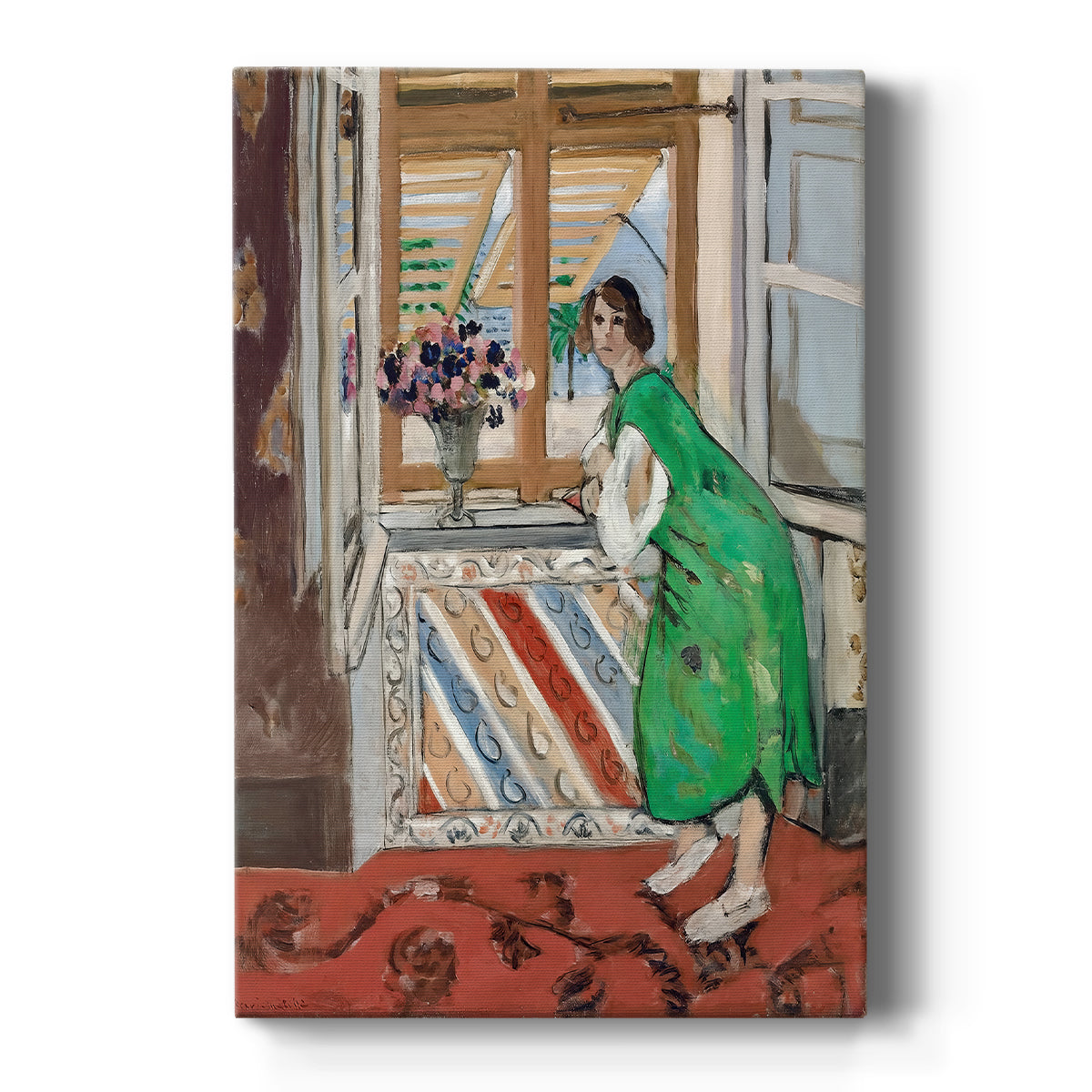 Canvas art print featuring a fauvist portrait of a girl in a green dress with decorative interior setting on a clean white background.