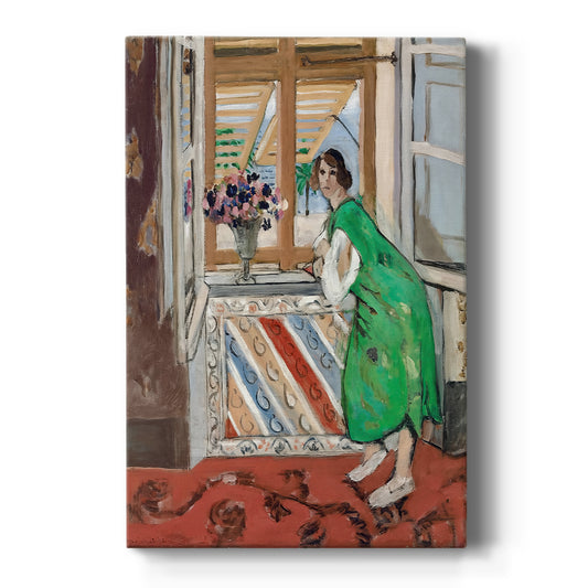Canvas art print featuring a fauvist portrait of a girl in a green dress with decorative interior setting on a clean white background.