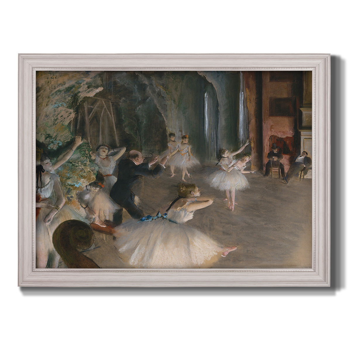 Impressionist backstage ballet scene by Edgar Degas printed on canvas in an ornate weathered white frame.