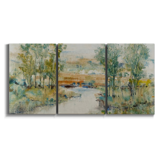 Three-panel canvas wall art featuring trees lining quiet creek on white background.