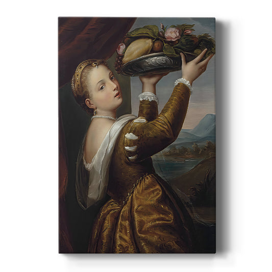 Canvas art print featuring a Renaissance portrait of a woman holding a bowl of fruit in warm light on a clean white background.