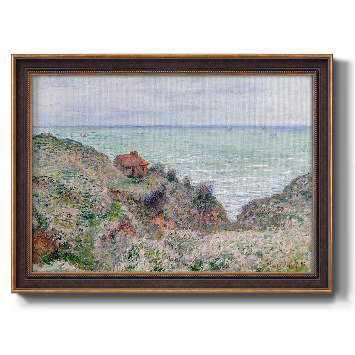 Impressionist coastal watch cabin scene by Claude Monet printed on canvas in an ornate bronzed mahogany wood frame.