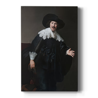 Canvas art print featuring a Baroque portrait of a man standing up from a chair in soft light on a clean white background.