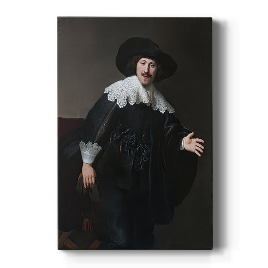 Canvas art print featuring a Baroque portrait of a man standing up from a chair in soft light on a clean white background.