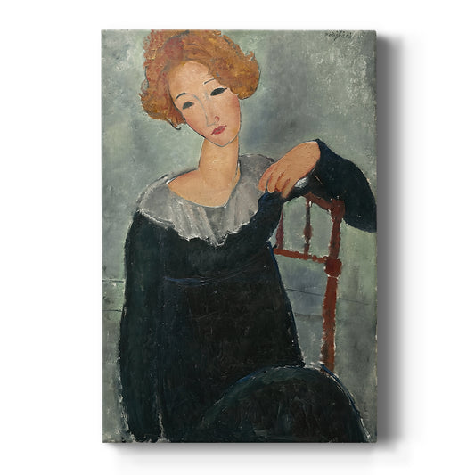 Canvas art print featuring an expressionist portrait of a woman with red hair and elongated features on a clean white background.